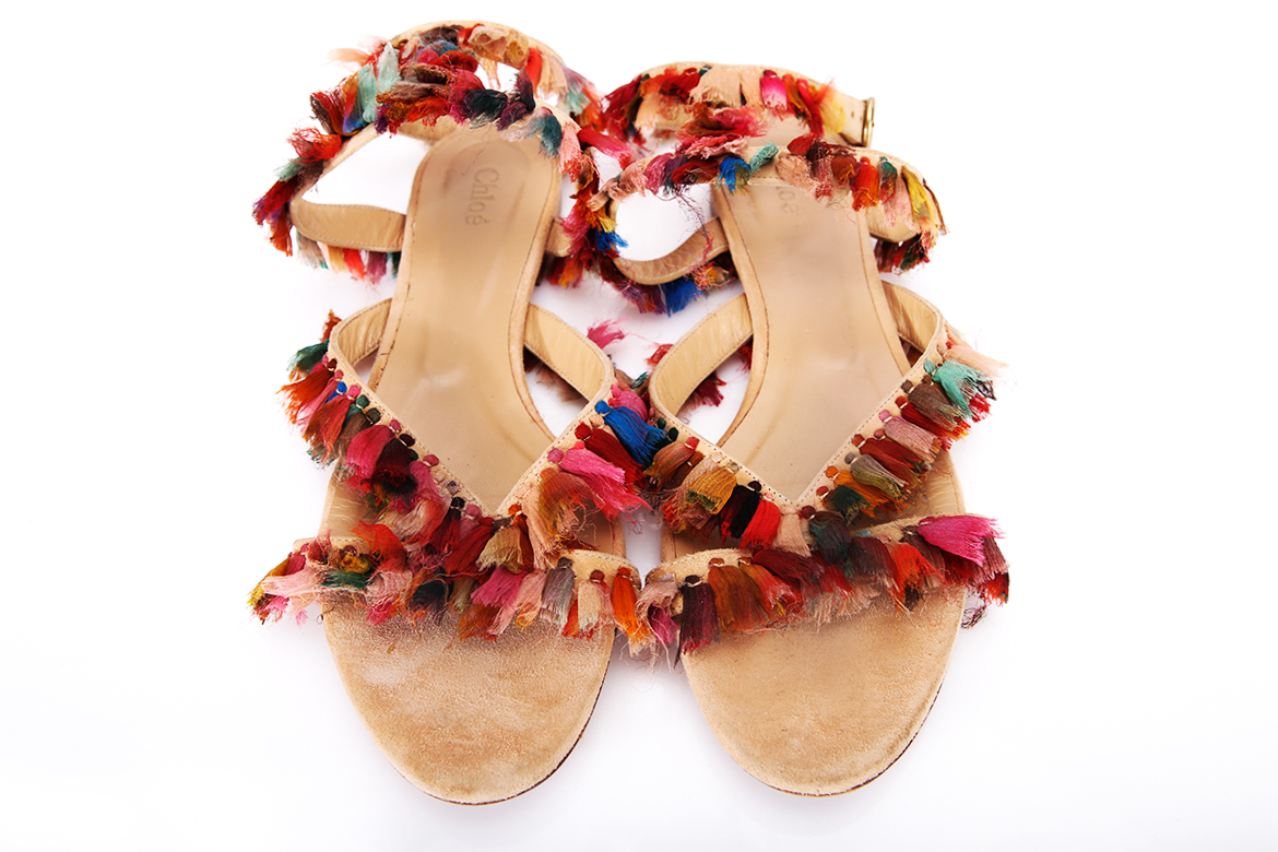 Chloé Liz Multicolor Tassel Block Ankle Cuff Peep Toe Sandals - Preowned