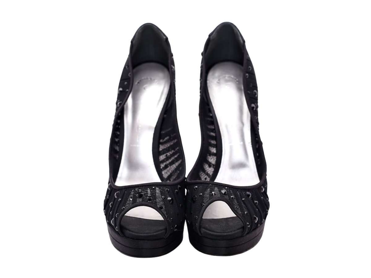 Casadei Black Crystal Embellished Mesh Satin Peep Toe Platform Pumps - Preowned