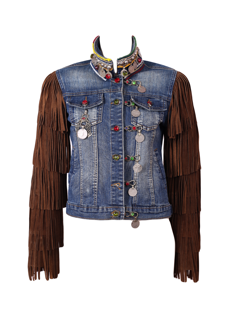 Dassios Ethnic Denim Fringed Jacket with Fur Brown Vest - Preowned