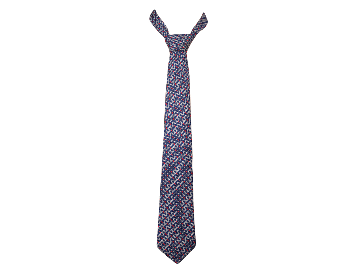 Hermès Navy Blue Silk Printed Tie - Preowned