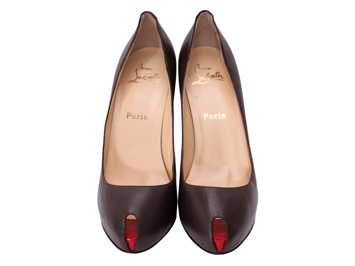 Christian Louboutin Zep Mini Bout Brown Leather Peep Toe Pumps - Preowned