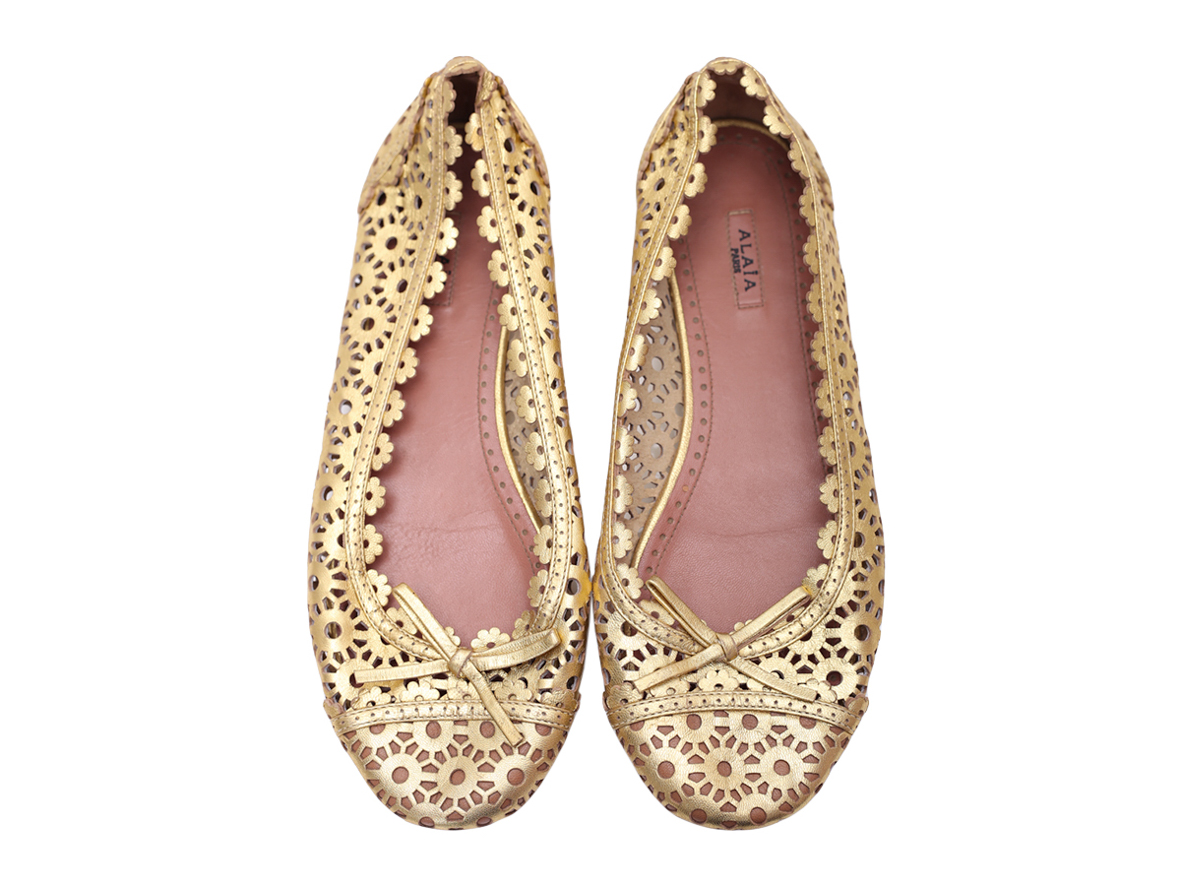 Alaia Laser-Cut Gold Leather Ballet Flats - Preowned