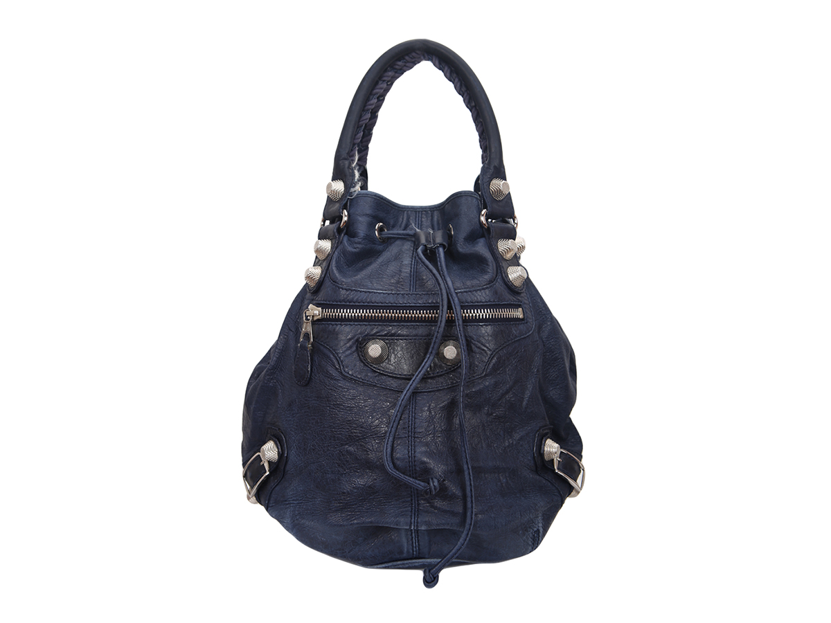 Balenciaga Giant Pompon Blue Leather Shoulder Bag - Preowned