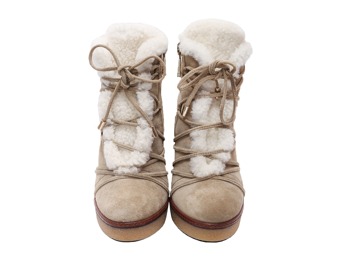 Moncler Beige Lace-up Fur Lining Wedge Booties - Preowned