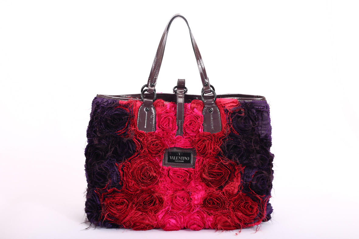 Valentino Red & Purple Floral Applique Satin And Patent Leather Shopper Tote - Preowned
