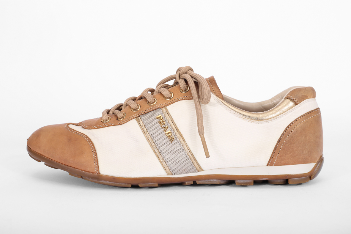 Prada Canvas & Leather Tan Brown Sneakers - Preowned
