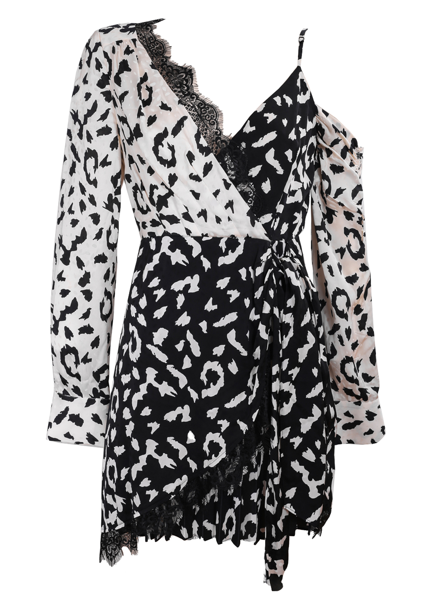 Self-Portrait Asymmetric Leopard Print Two-Tone Wrap Dress - Preowned