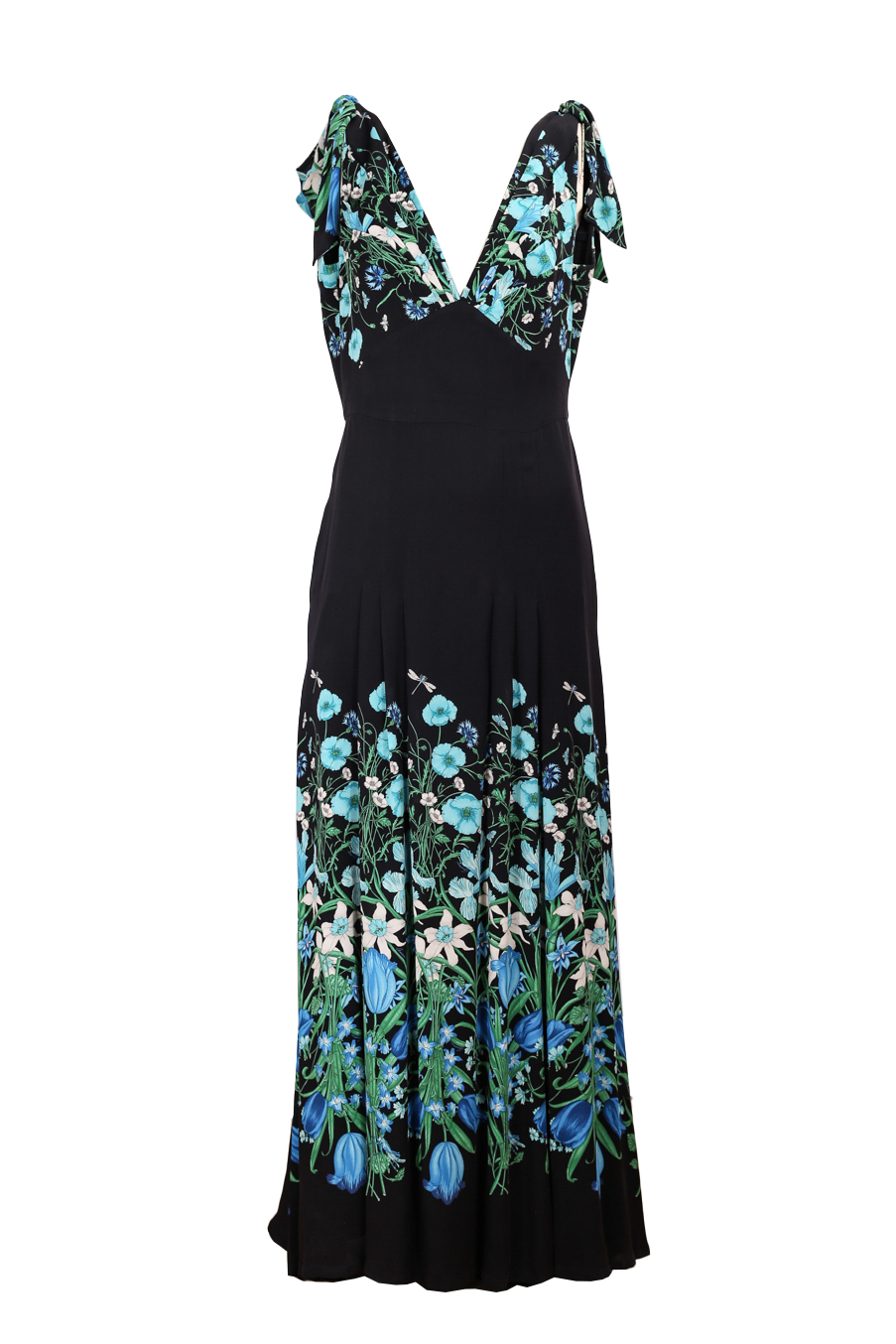 Gucci V-neckline Maxi Black Silk Dress with Floral Print - Preowned