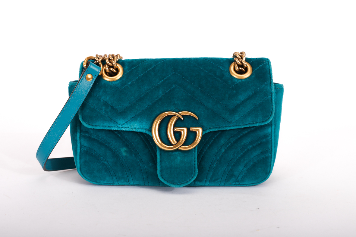 Gucci Turquoise Mini GG Marmont Matelasse Velvet Crossbody Bag - Preowned