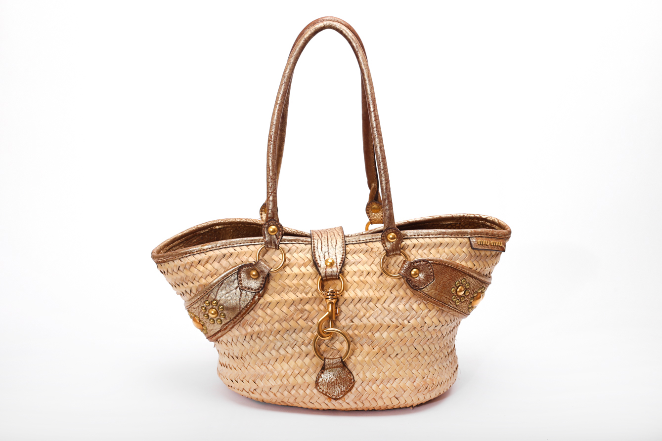 MIU MIU Woven Straw Raffia Studded Basket Bag - Preowned