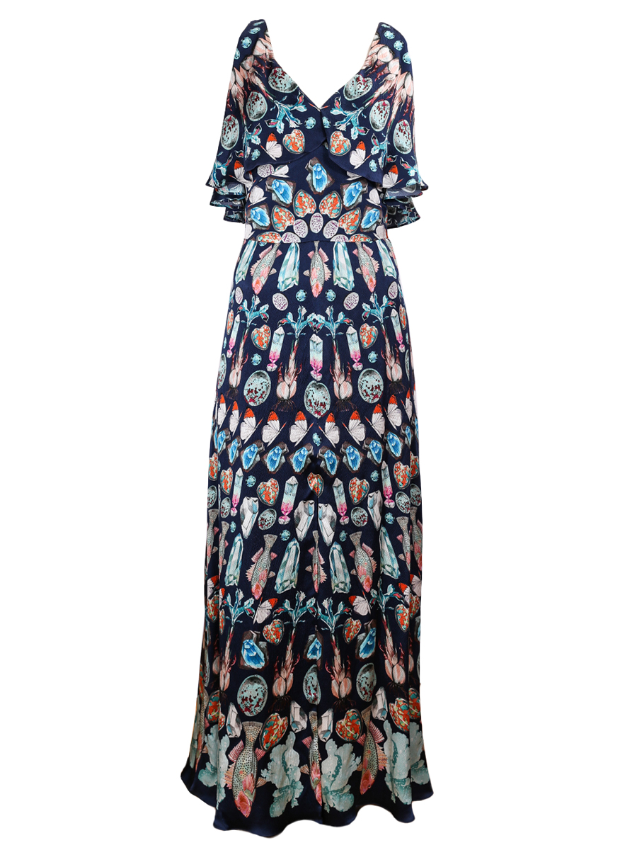 Temperley London Maxi Blue Printed Silk Dress - Preowned