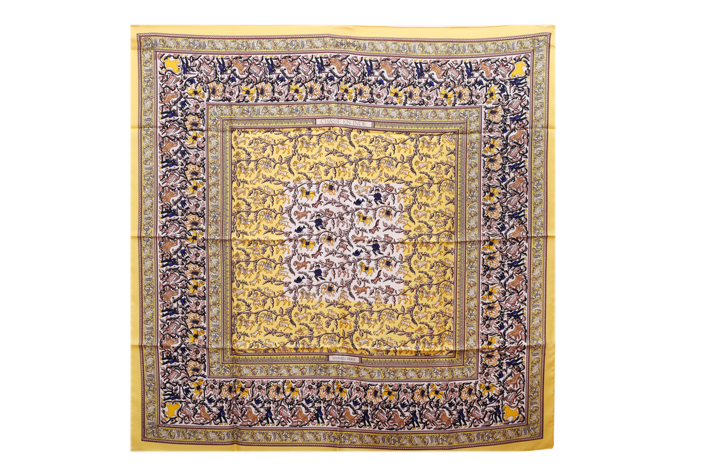 Hermes Chasse En Inde Yellow and White Printed Silk Square Scarf - Preowned