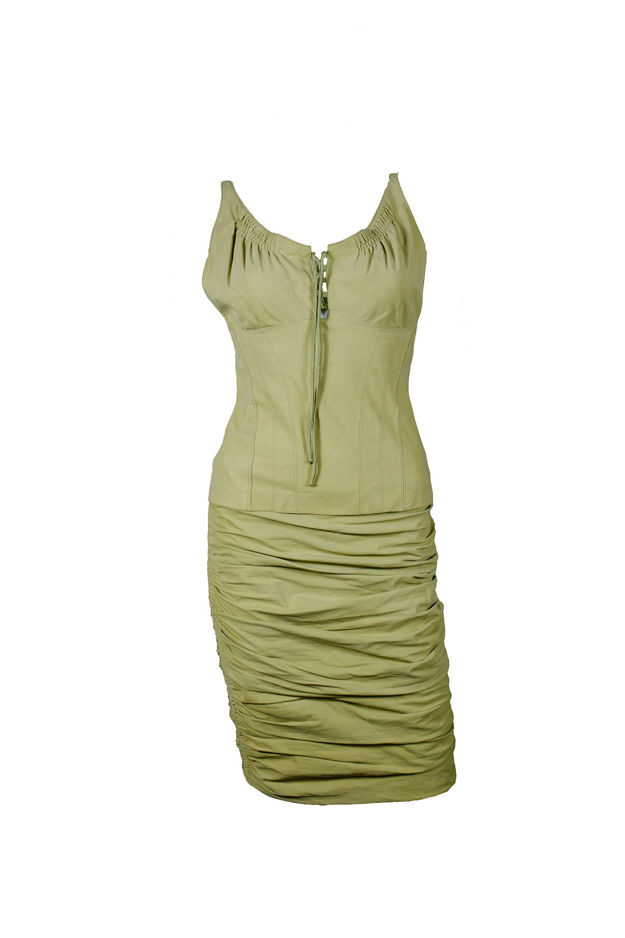 Gucci Tom Ford Spring 2003 Ruched Green Suede Set Skirt and Top - Preowned