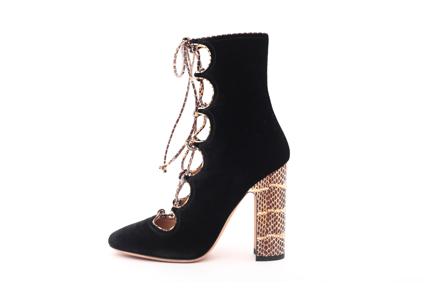 Valentino Black Velvet  Snake Skin Trim Lace up Ankle Booties- Preowned