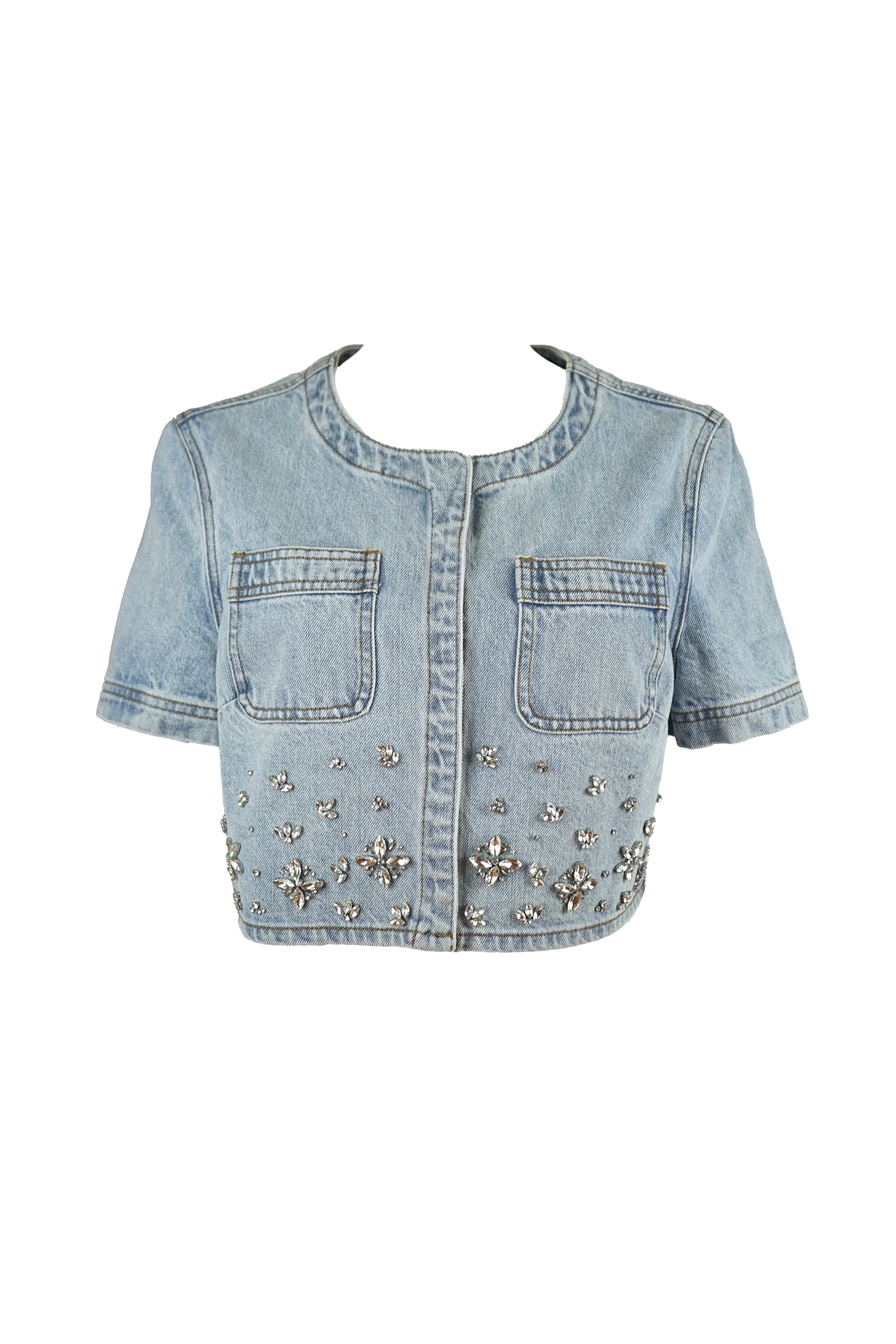 Self-Portrait Crystal-Embellished Cropped Denim Top-Preowned