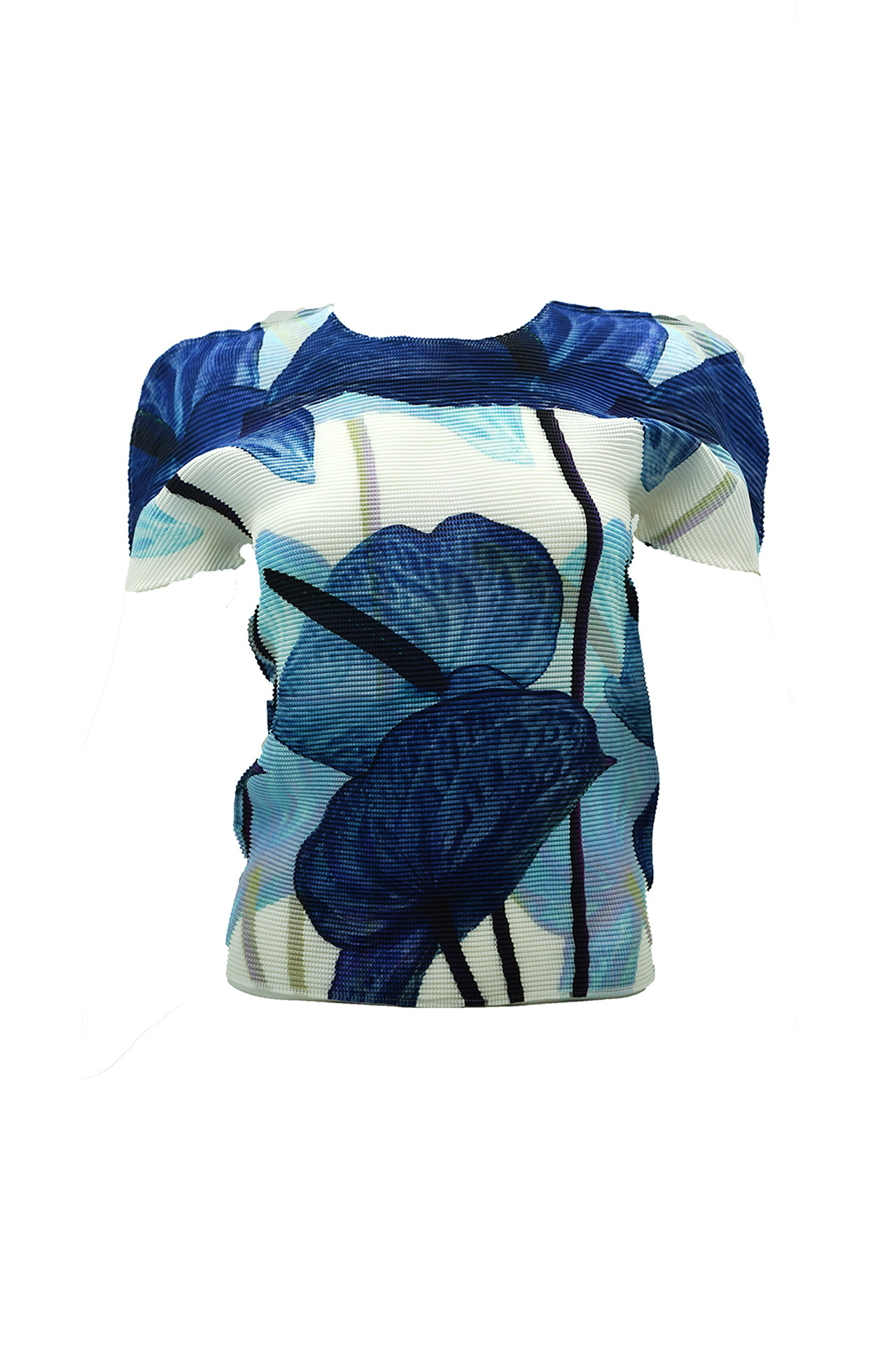 Issey Miyake me Floral Print Stretch Pleated T-shirt- Preowned