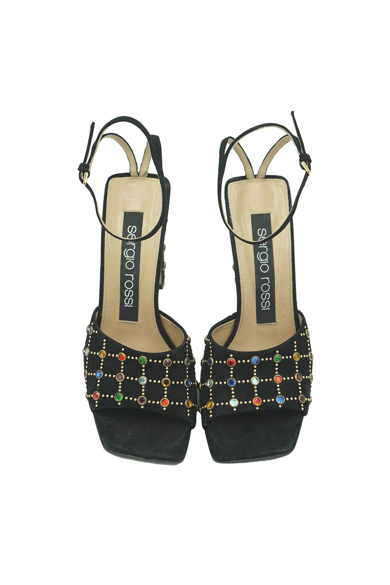 Sergio Rossi Multi-Gem Embellished Black Suede Sandals-Preowned.