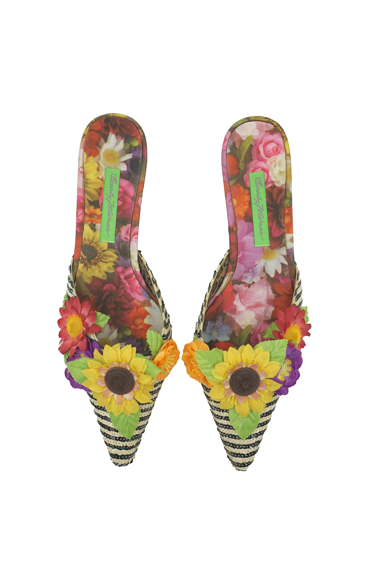 Beverly Feldman Vintage Floral and Woven Straw Mules- Preowned