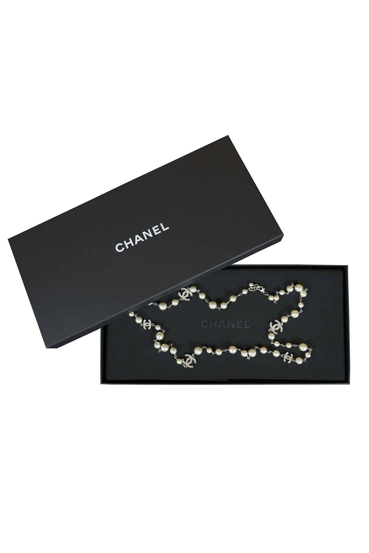 Chanel Pearl CC Logo Long Necklace Silver- Preowned