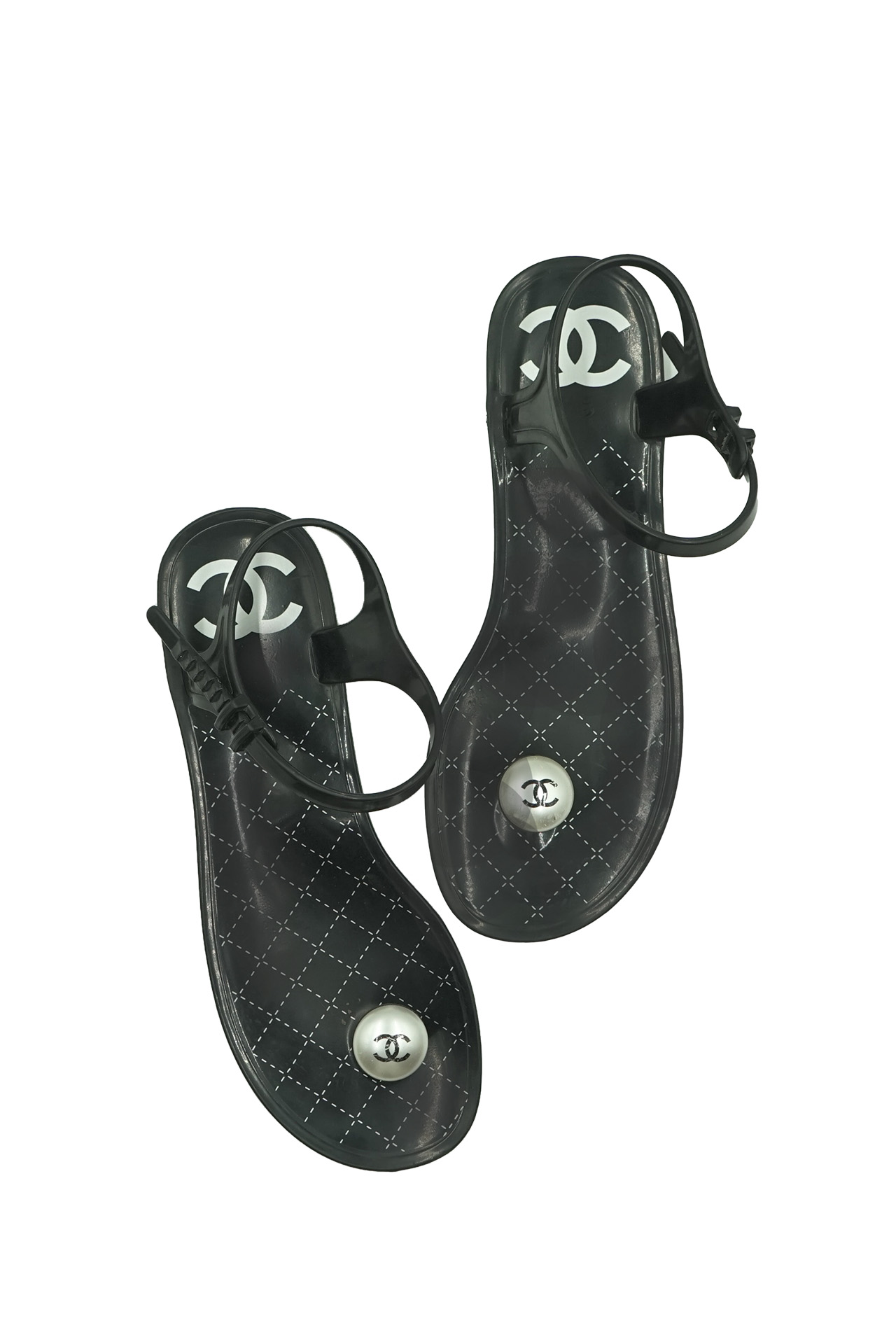 Chanel Black Rubber Jelly Sandals with CC Faux Pearl Accent- Preowned