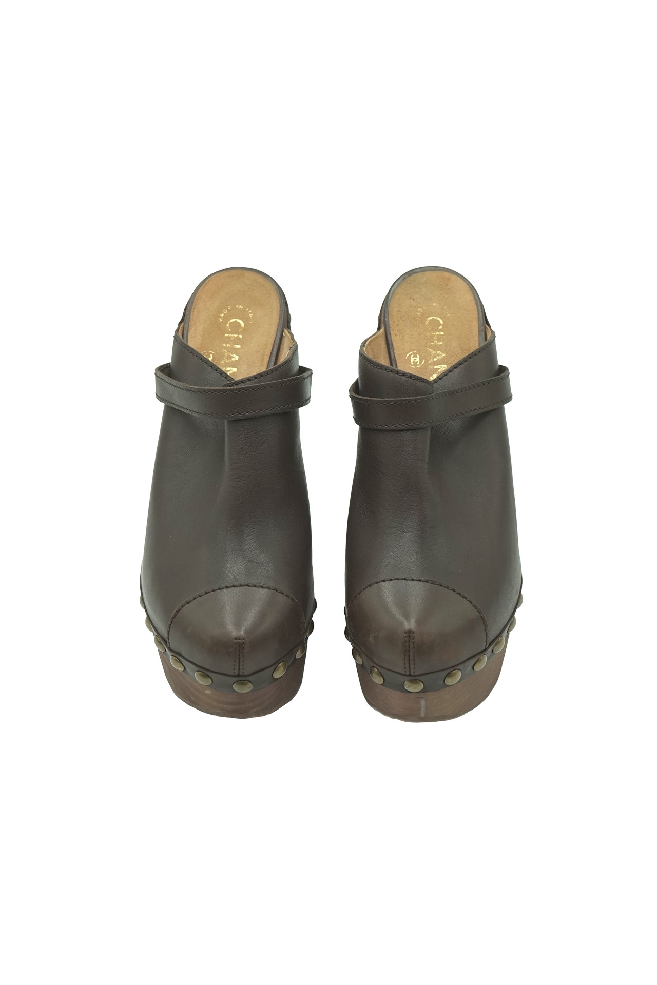 Chanel Brown Leather Studded Platform Mule Clogs-Preowned