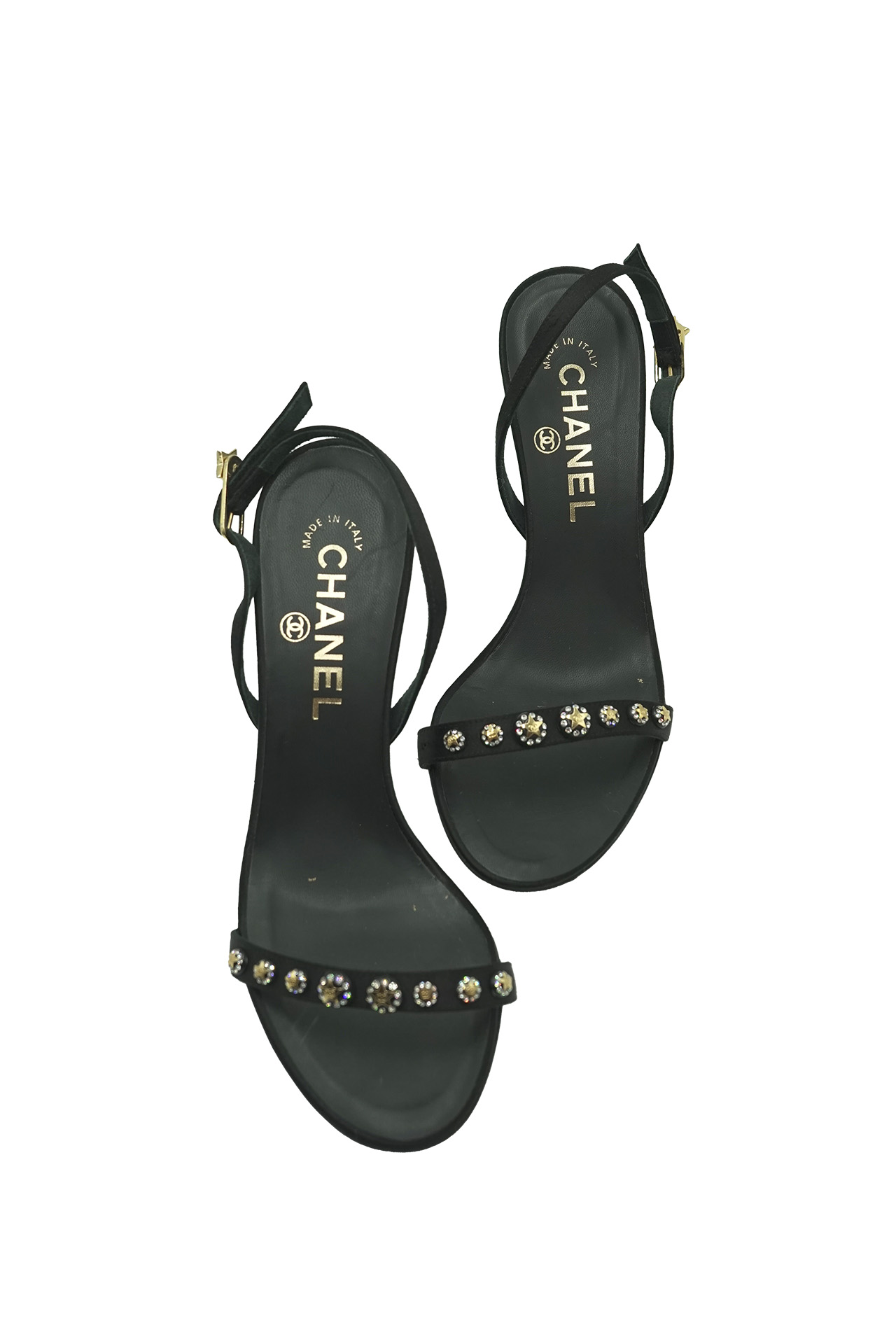 Chanel Black Satin Crystal Star Embellished Slingback Sandals-Preowned