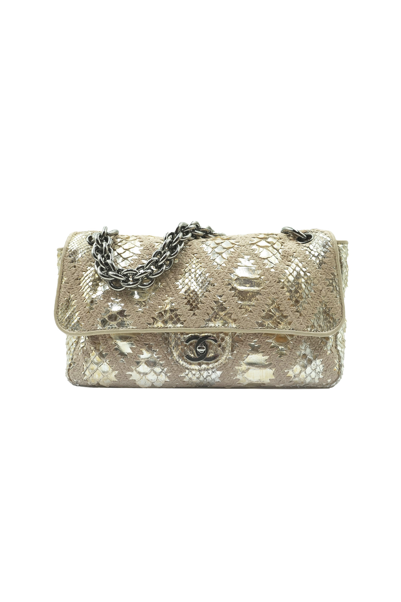 Chanel gold python and crochet flap shoulder bag-Preowned