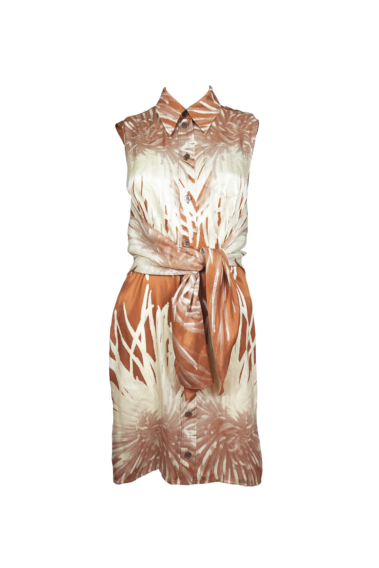 Hermès Silk Abstract Palm Print Sleeveless Shirt Dress- Preowned
