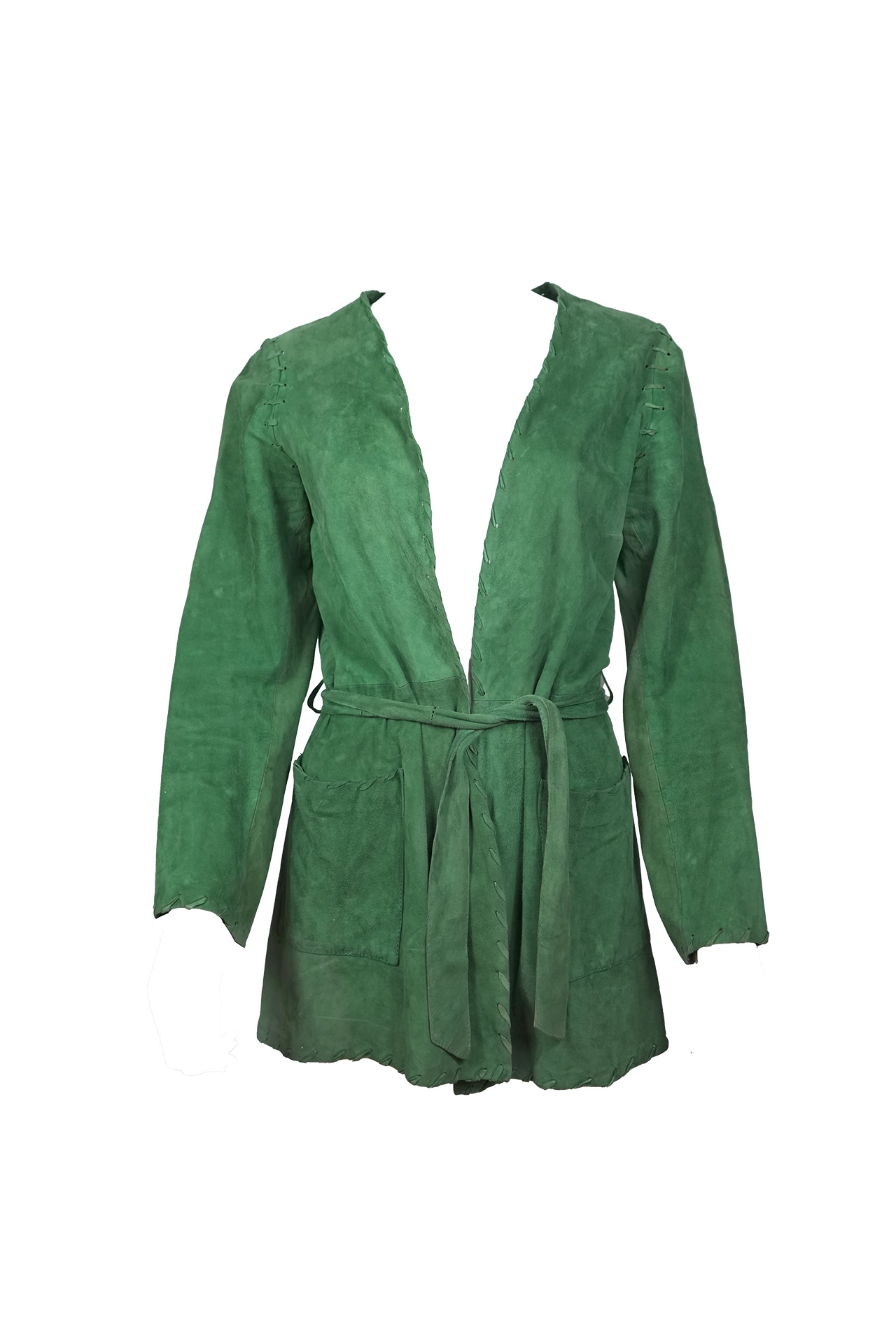 Vintage Whipstitched Green Suede Belted Kimono Jacket- Preowned