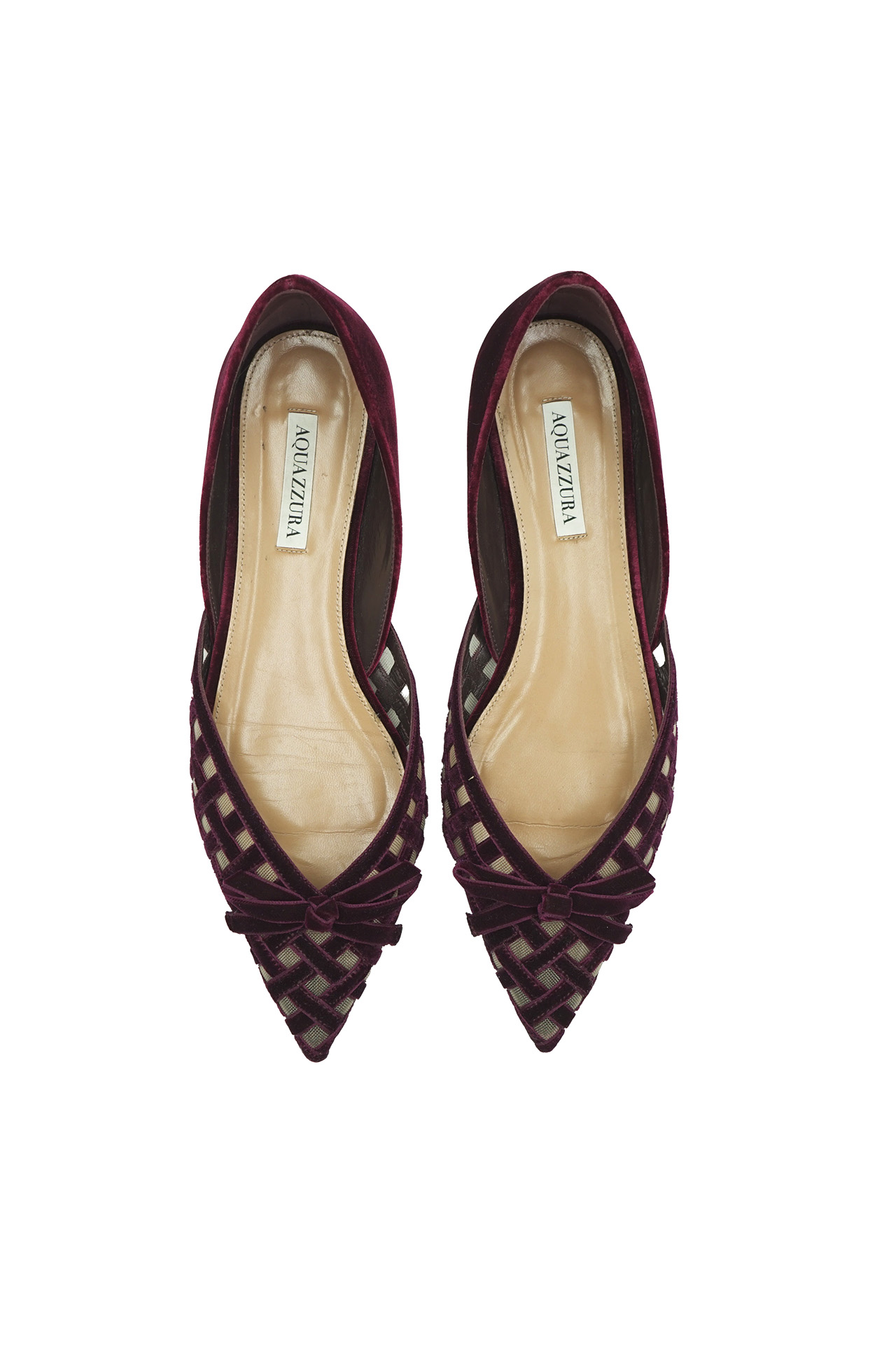 Aquazzura Burgundy Velvet Lattice Pointed-Toe Flats-Preowned