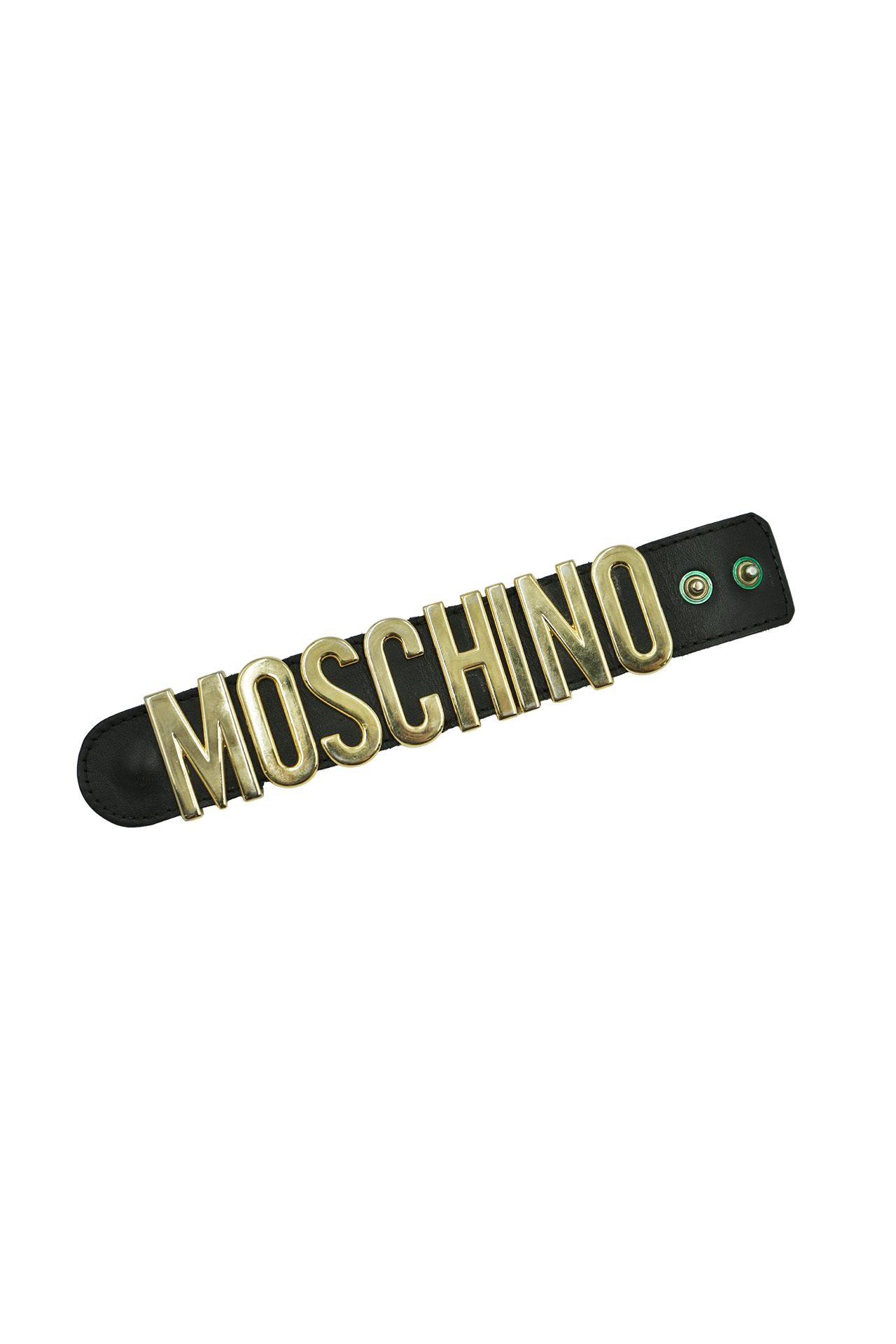 Moschino Gold-Tone Logo Black Leather Cuff Bracelet- Preowned