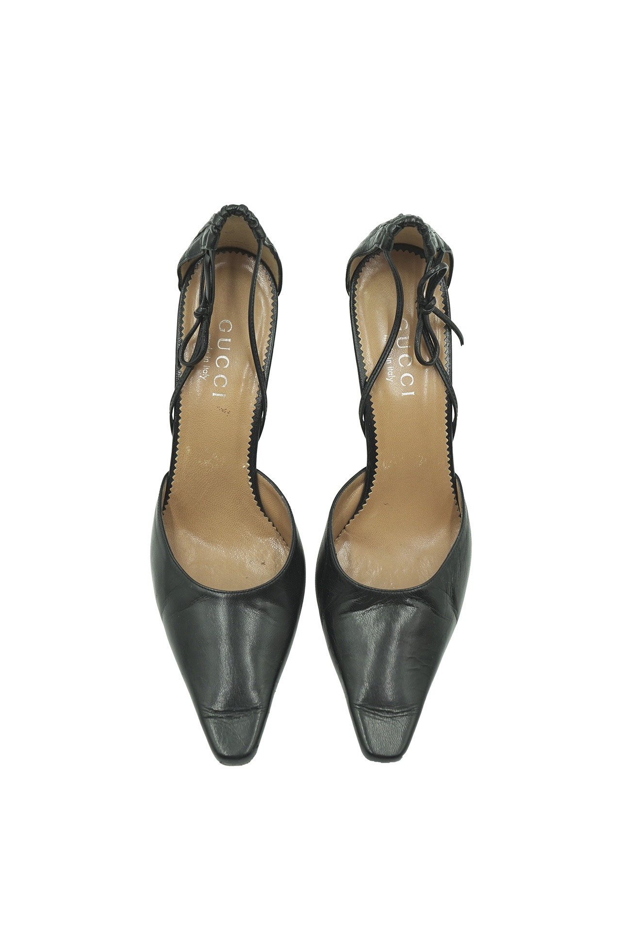 Gucci Black Leather Pointed Toe Lace Up Heels- Preowned