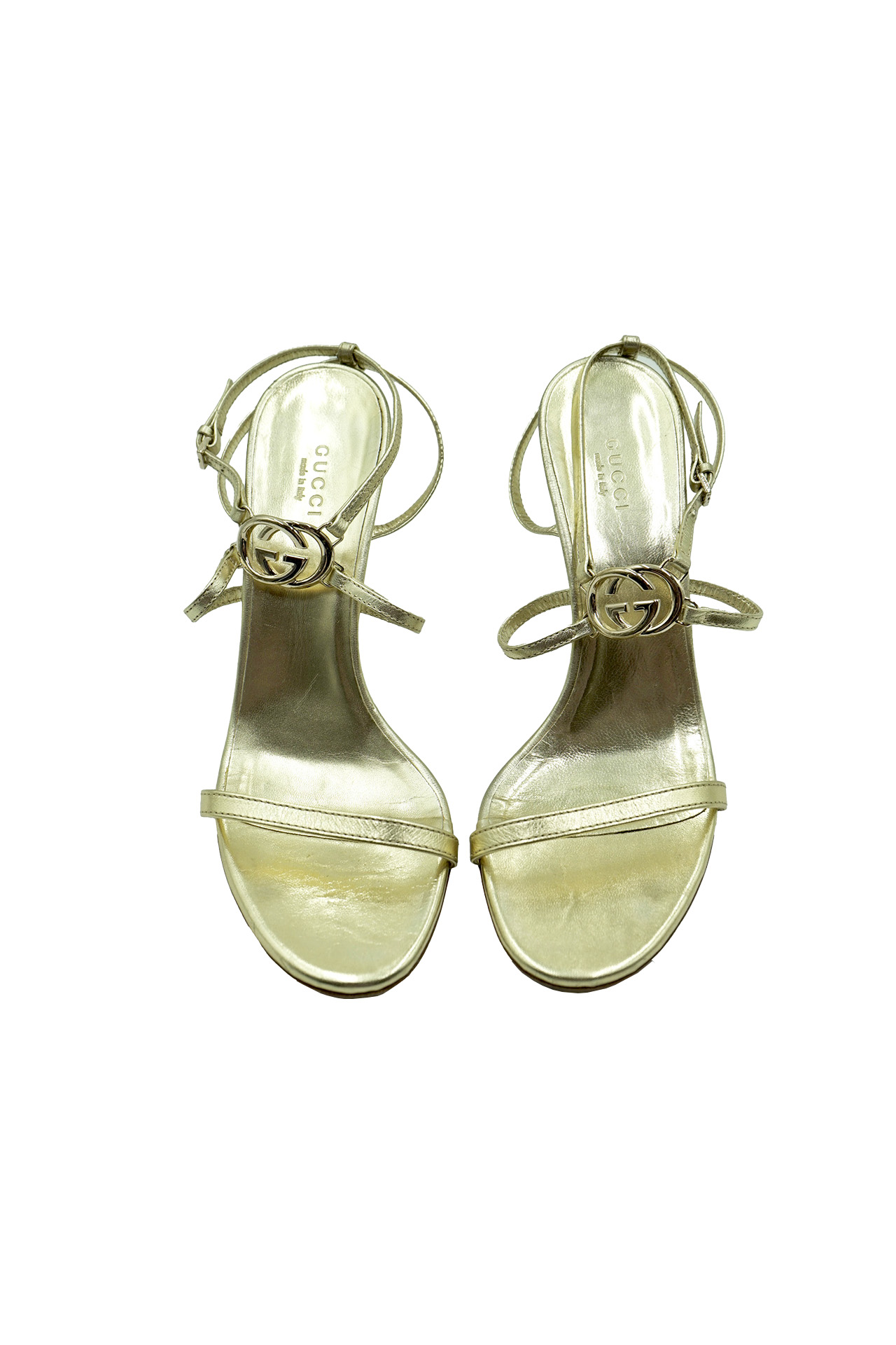 Gucci Metallic Gold GG Interlocking Ankle Strap Sandals- Preowned