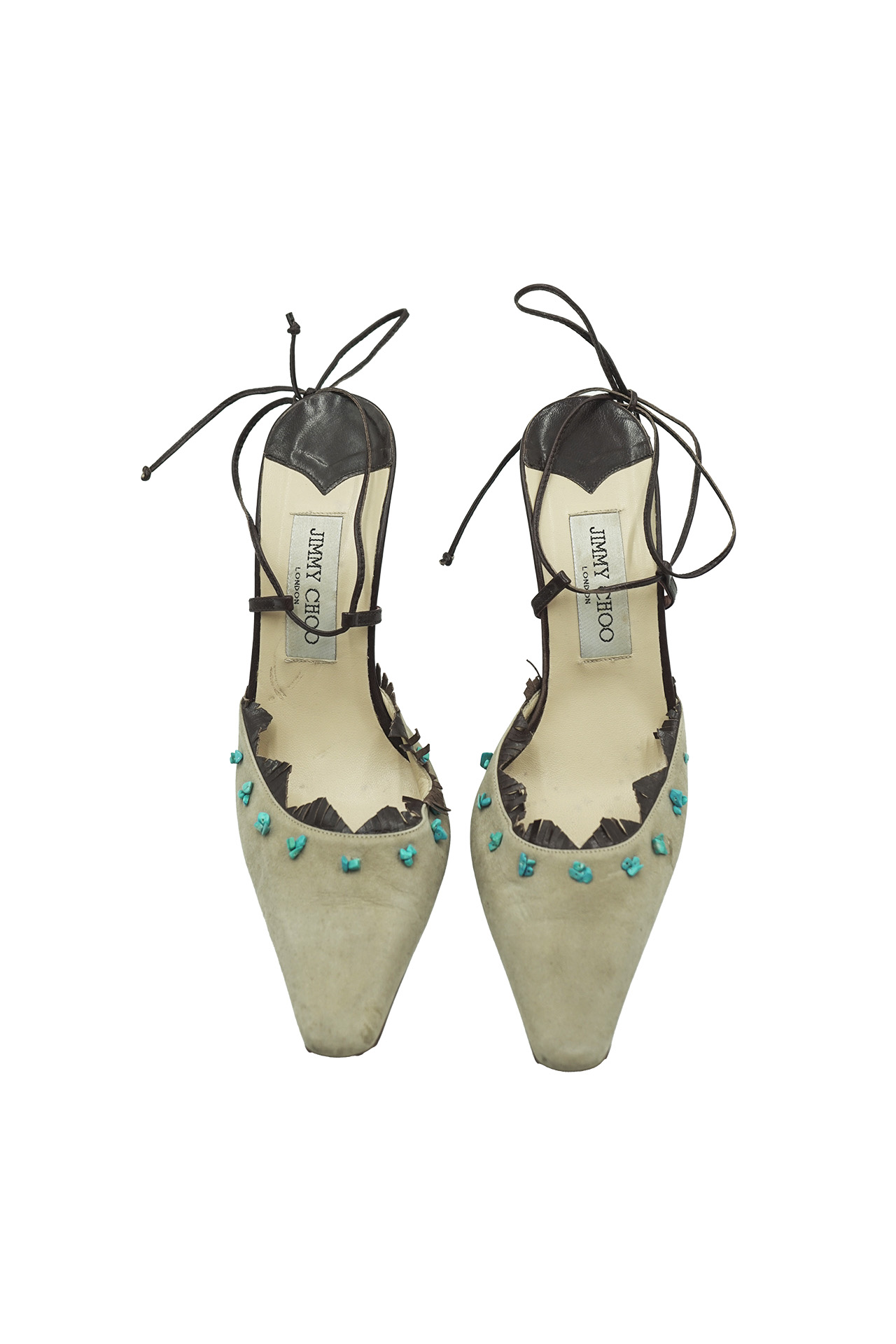 Jimmy Choo Sage Suede Turquoise Beaded Lace Up Heels- Preowned