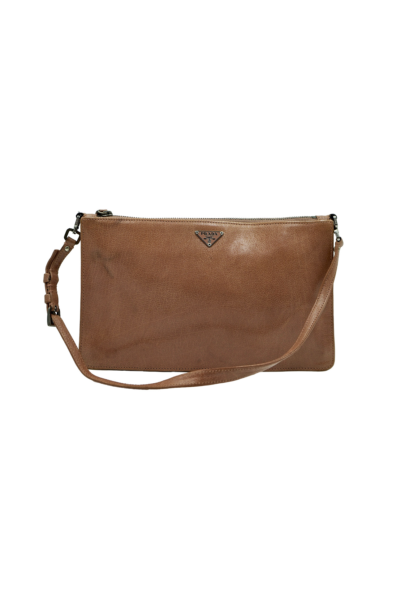 Prada Brown Leather Triangle Logo Crossbody Pouchette Bag- Preowned