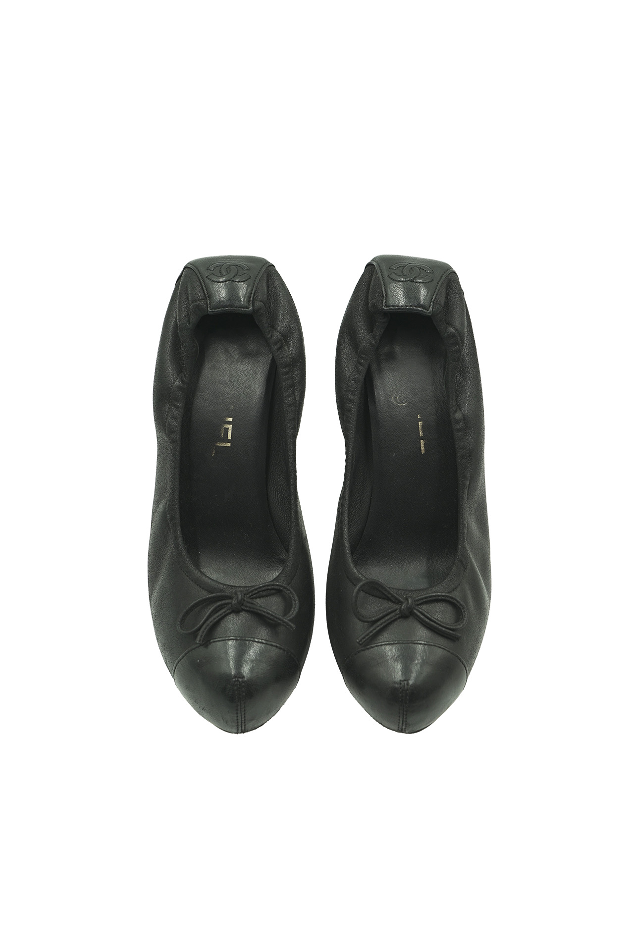 Chanel Black Leather Cap Toe Bow Pumps- Preowned