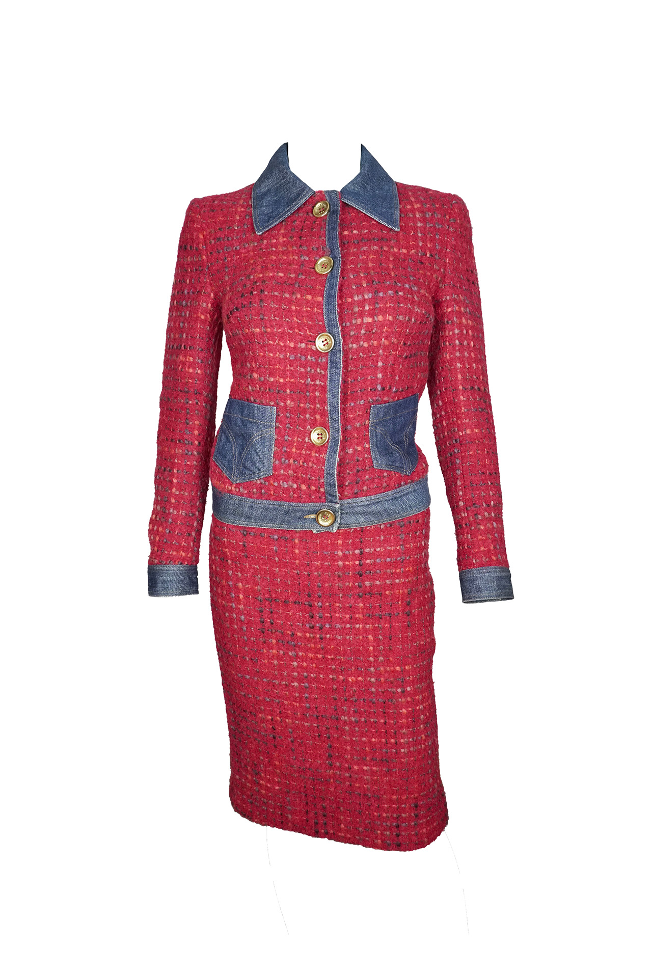 D&G Dolce & Gabbana Red Bouclé Tweed and Denim Skirt Suit- Preowned