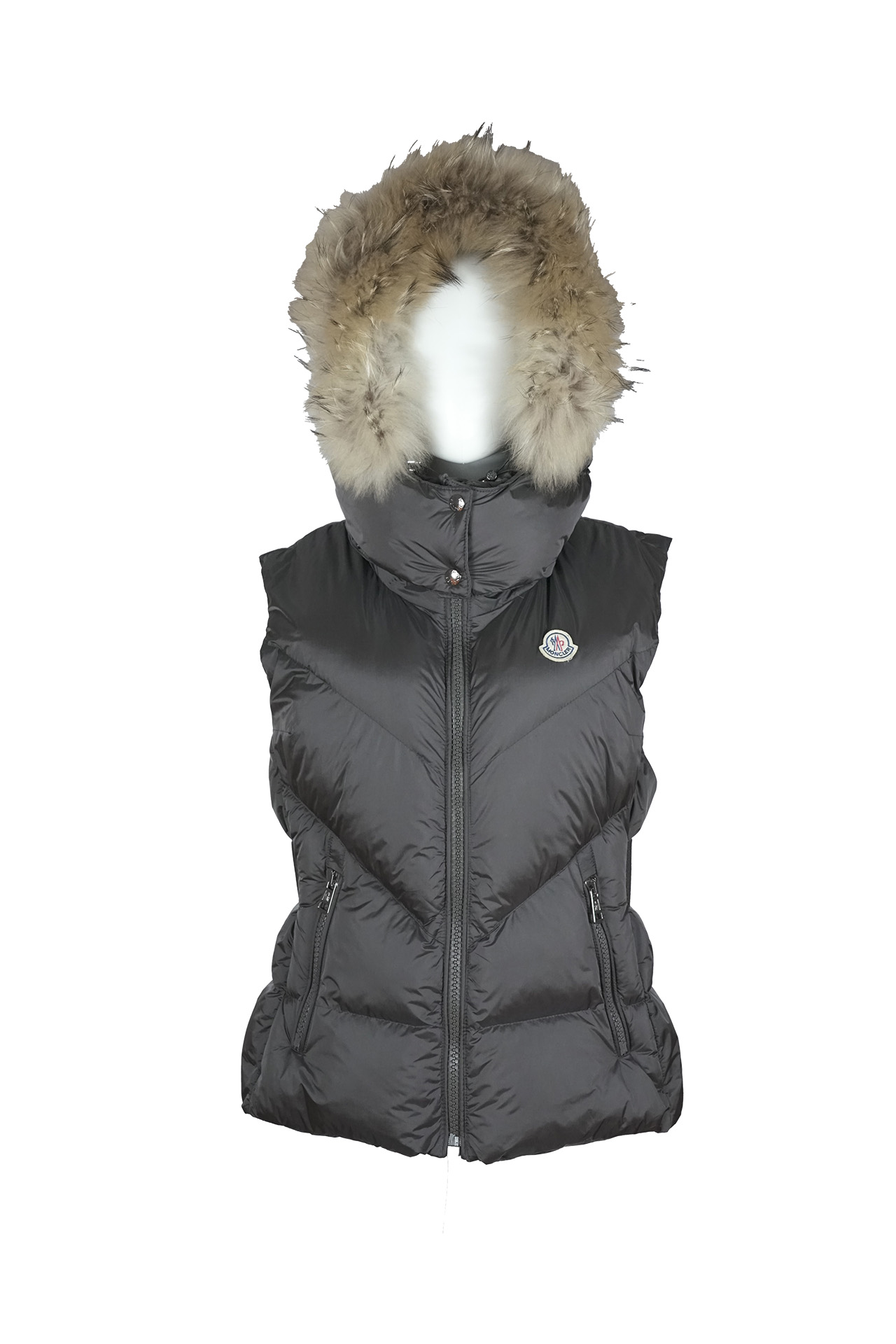 Moncler Dark Gray Down-Insulated Real Fur Trim Hooded Vest- Preowned