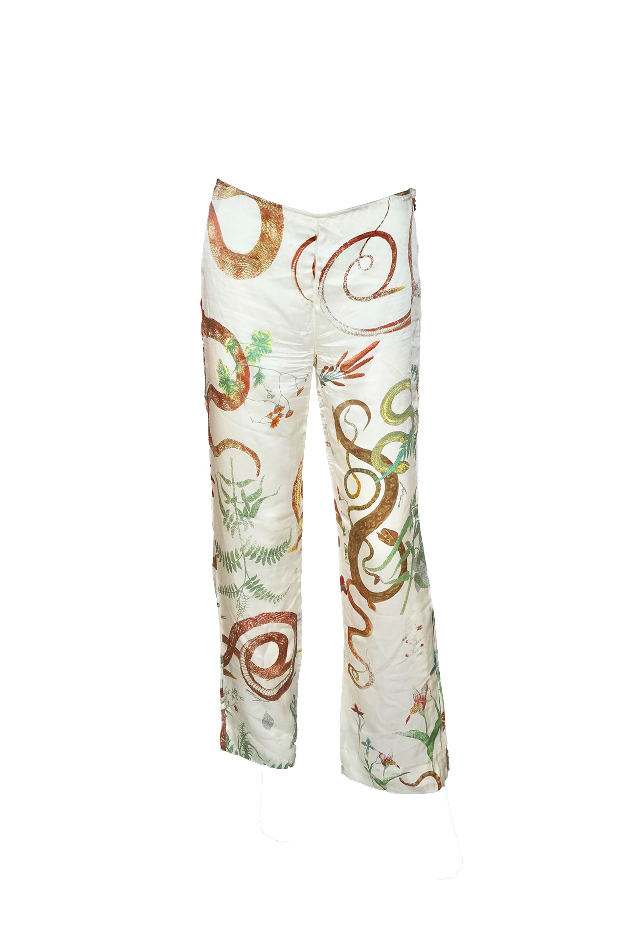 Just Cavalli White Silk Snake and Botanical Print Pants- Preowned