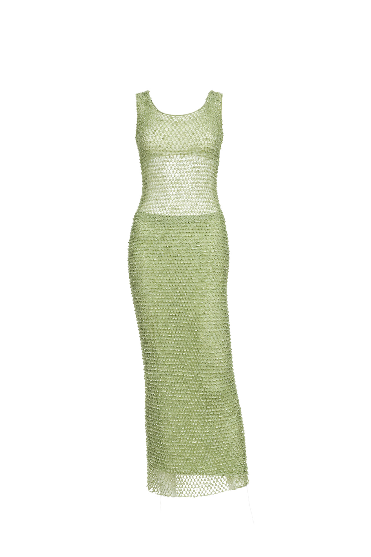 Donna Karan SS97 Vintage Runway Sage Green Beaded Mesh Maxi Dress- Preowned