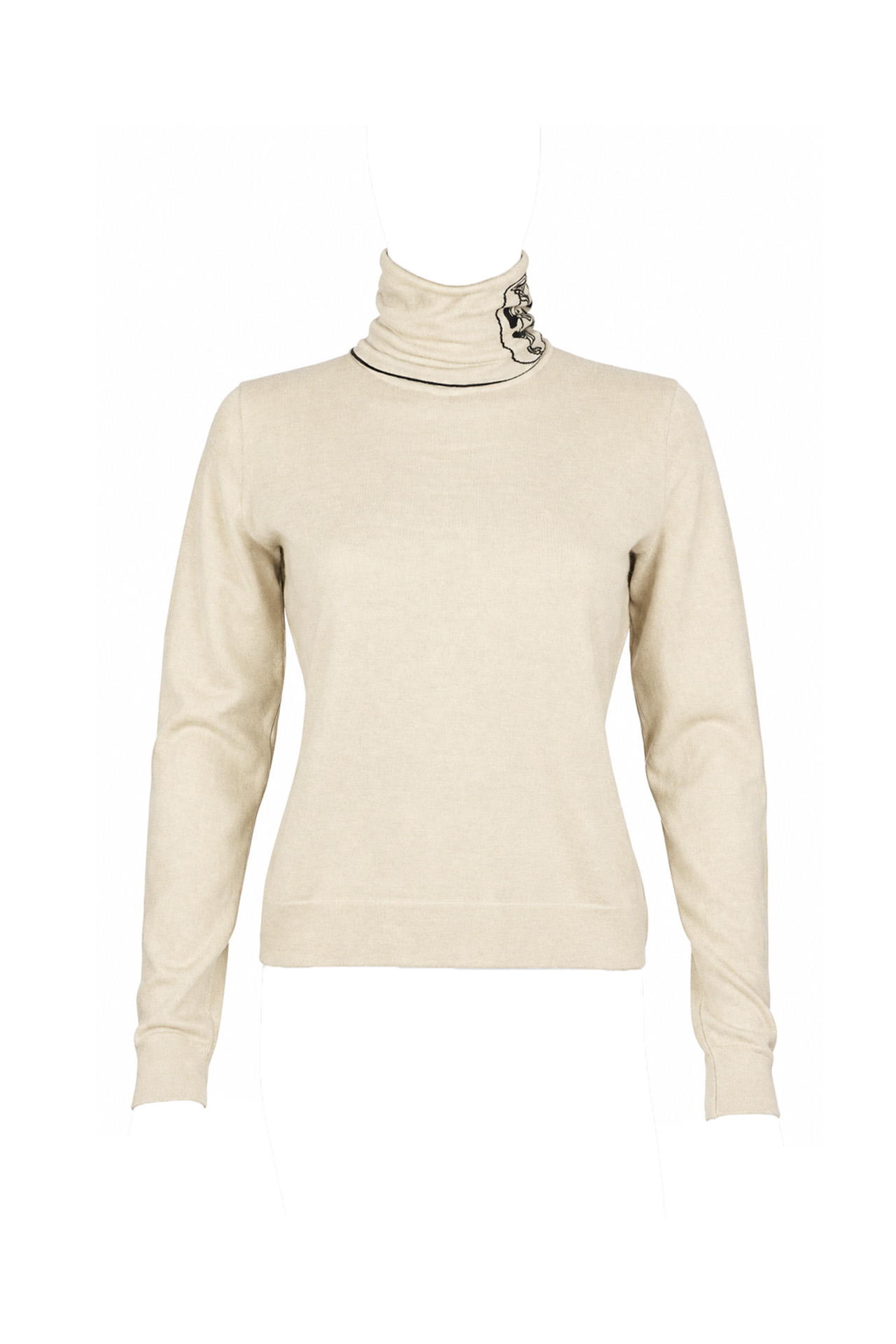 Chanel Cream Cashmere Turtleneck Sweater with Embroidered Neck Detail- Preowned