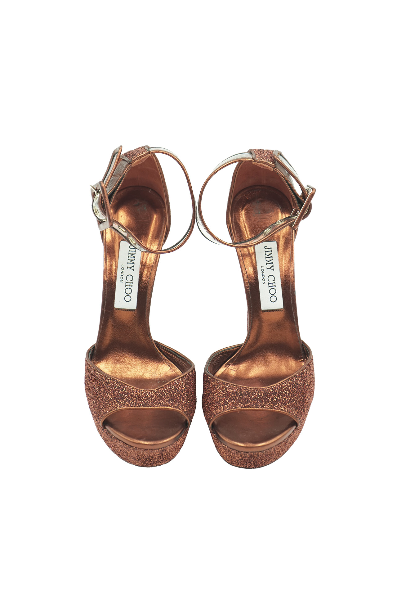 Jimmy Choo Orange Glitter Plexi Ankle Strap Platform Sandals- Preowned  