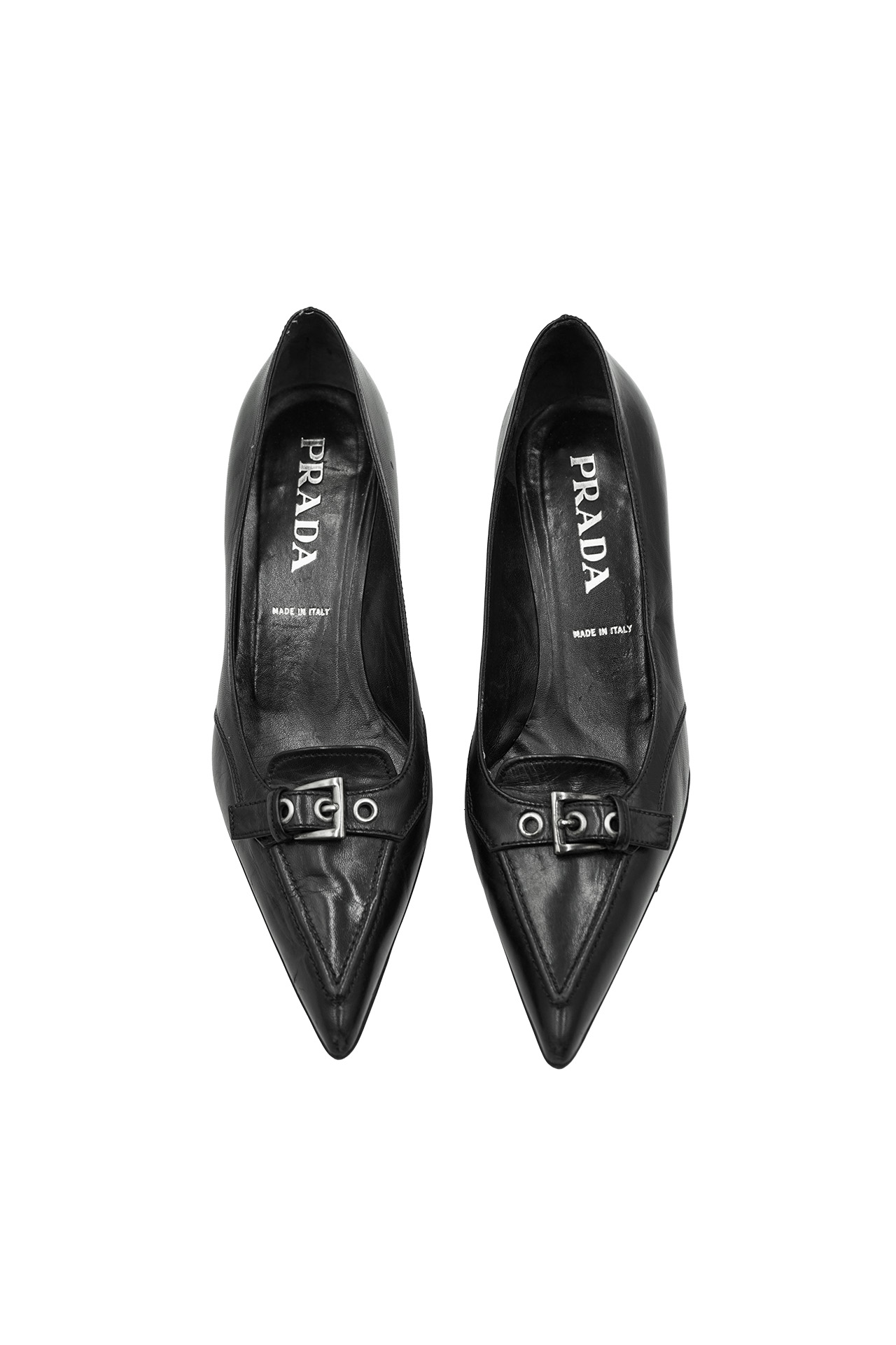 Prada Black Leather Pointed Toe Buckle Kitten Heels- Preowned