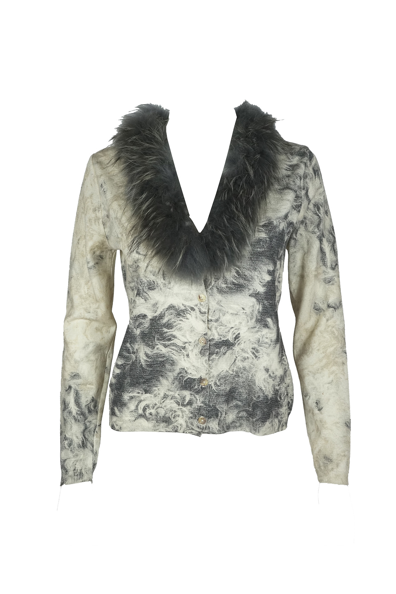 Roberto Cavalli Cream and Gray Wool Fur Collar Cardigan- Preowned