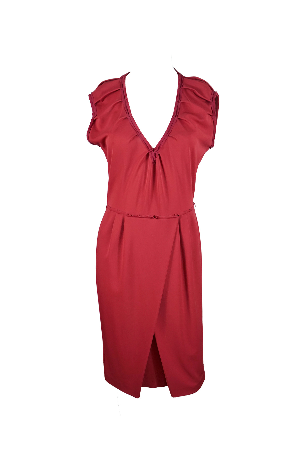Prada Red Pleated V-Neck Wrap Midi Dress- Preowned