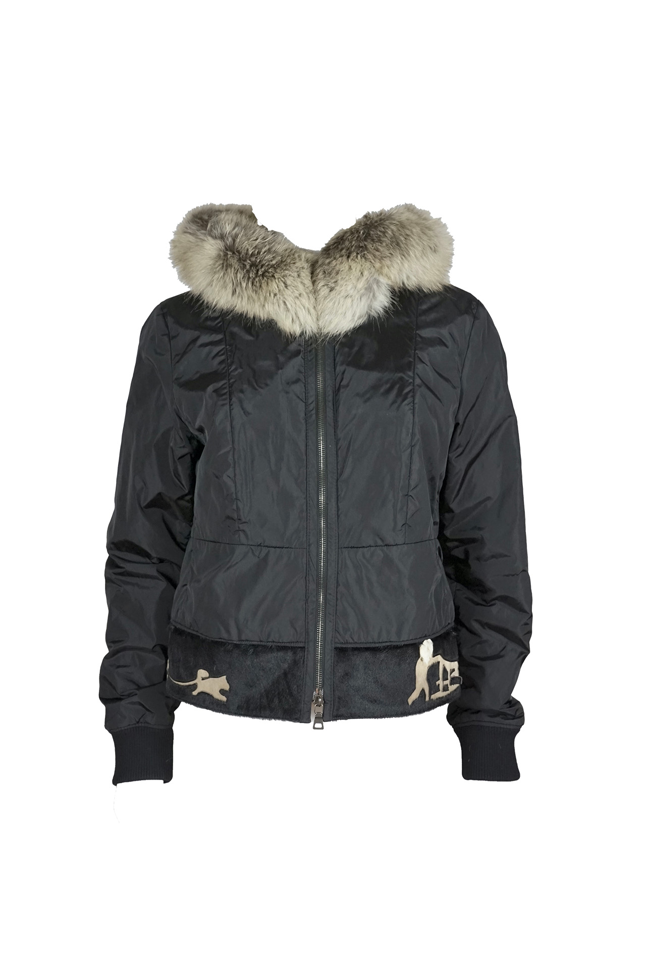 Prada Black Nylon Blue Fox and Goat Fur Trim Bomber Jacket- Preowned