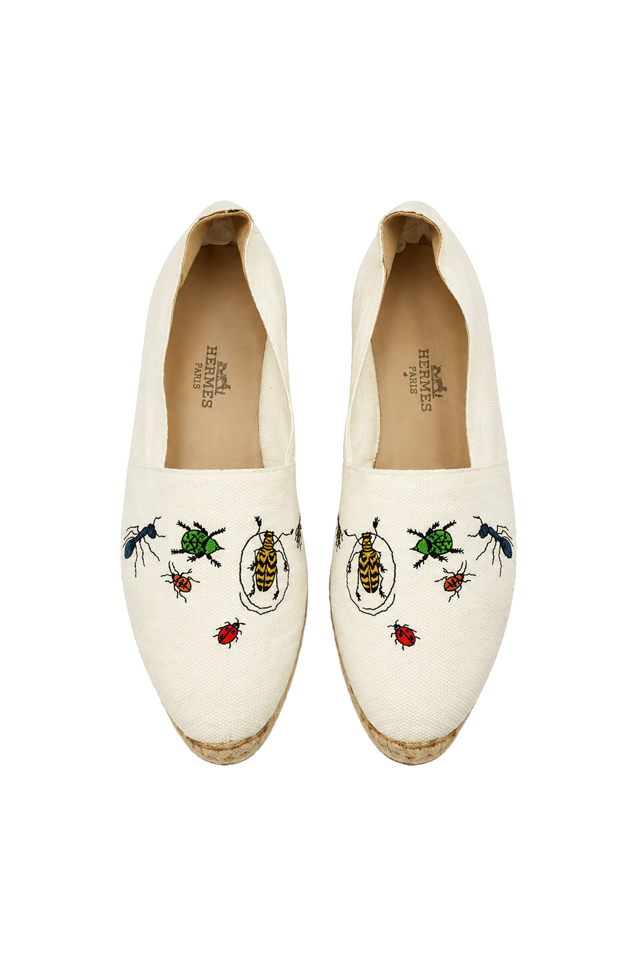 Hermes Cream Canvas Embroidered Insect Espadrilles- Preowned