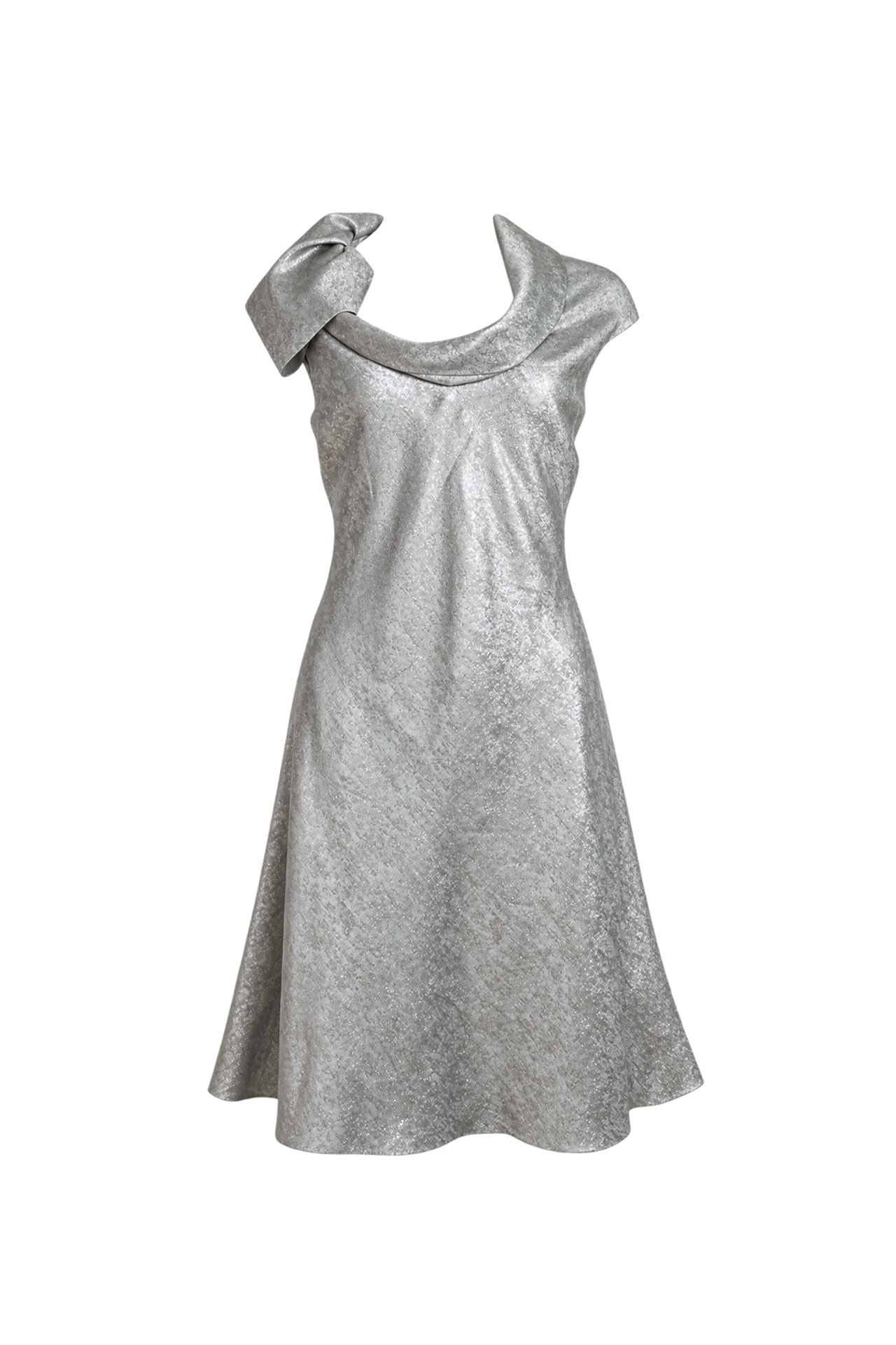 Zac Posen Silver Metallic Silk-Blend Cowl Neck Cocktail Dress- Preowned